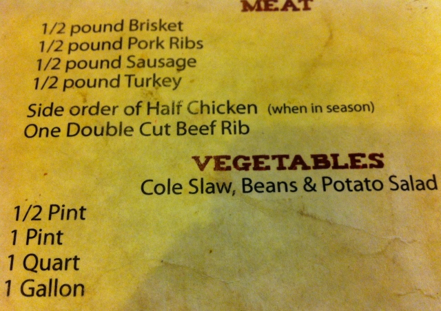 The Salt Lick vegetable section of the menu